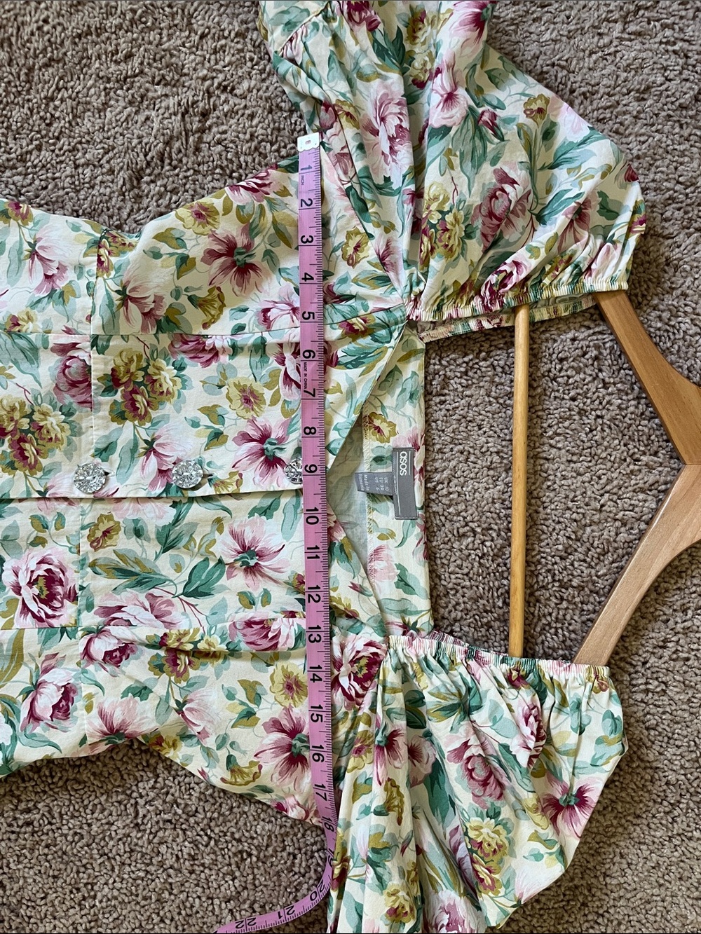 ASOS Puff Sleeve Floral Button-Front Midi Dress in Pink, Green & Cream - Picture 6 of 16